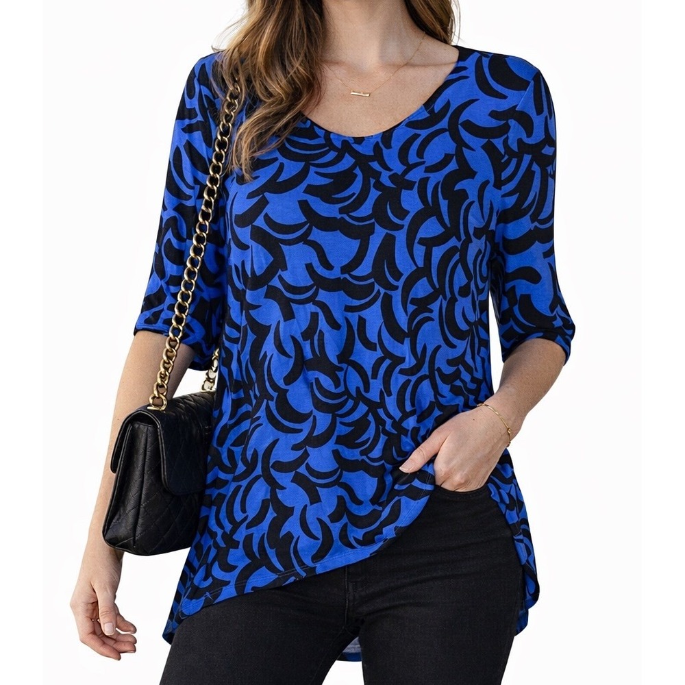 Dana Buchman Women’s Small Blue/Black Tunic Blouse Geometric Abstract Top